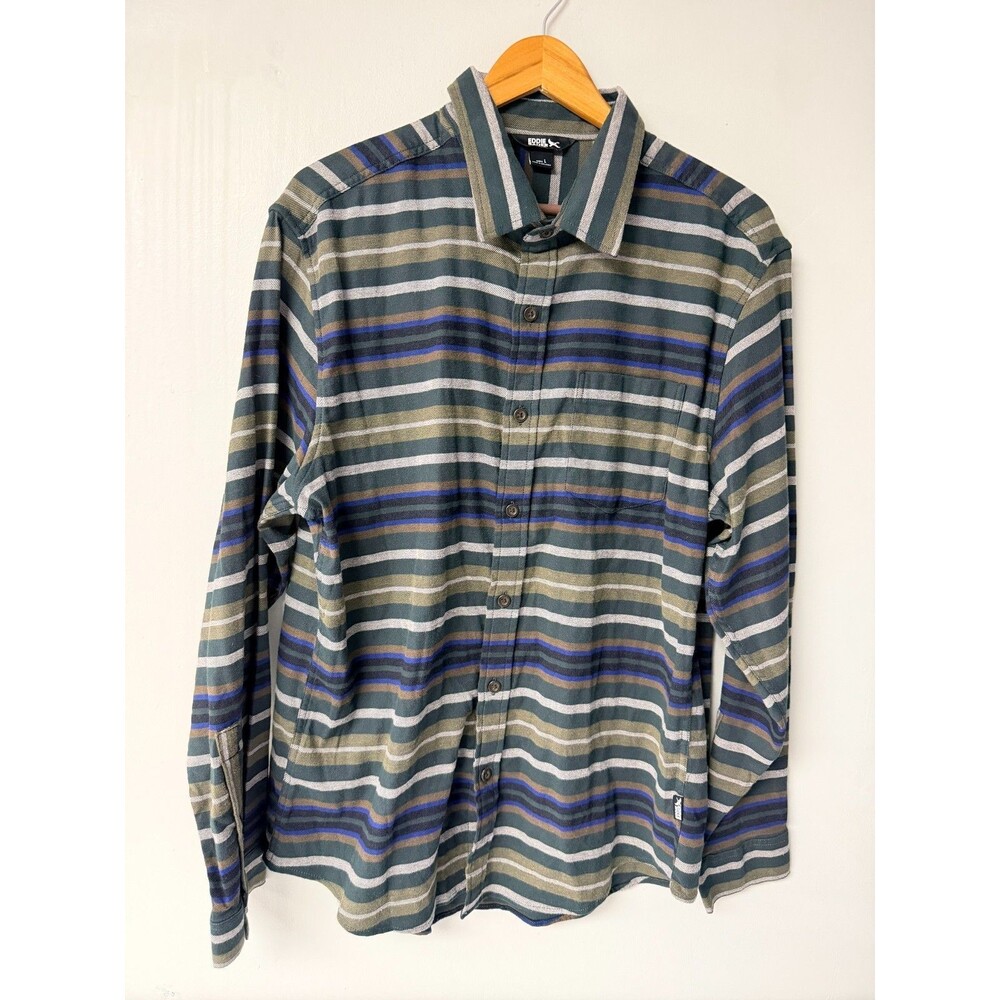 Eddie Bauer Shirt Mens Large Green Blue Striped Cotton Stretch Long Sleeve